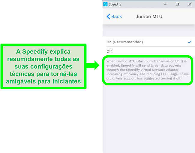 Captura de tela de uma explicação abaixo de uma das configurações do Speedify