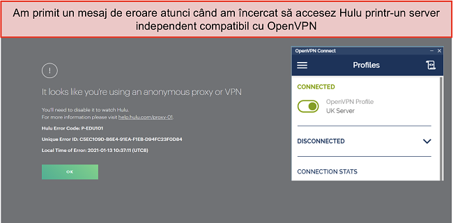 Captură de ecran a erorii Hulu VPN, cu aplicația OpenVPN deschisă lângă ea.