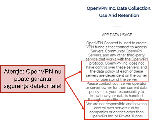 captură de ecran a politicii de confidențialitate a OpenVPN.