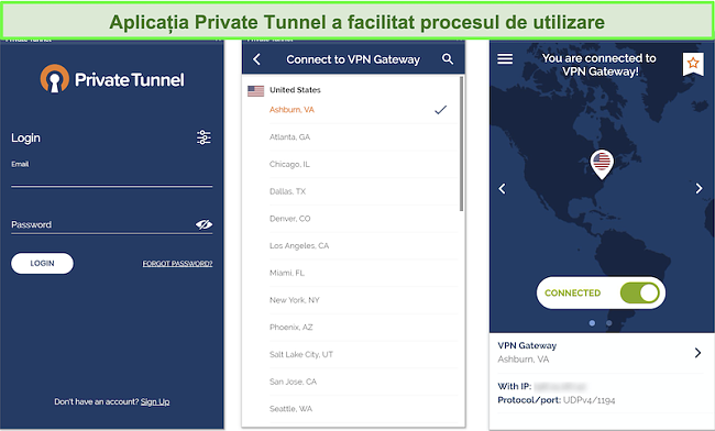 Captură de ecran a configurării aplicației Android pentru Tunelul privat.