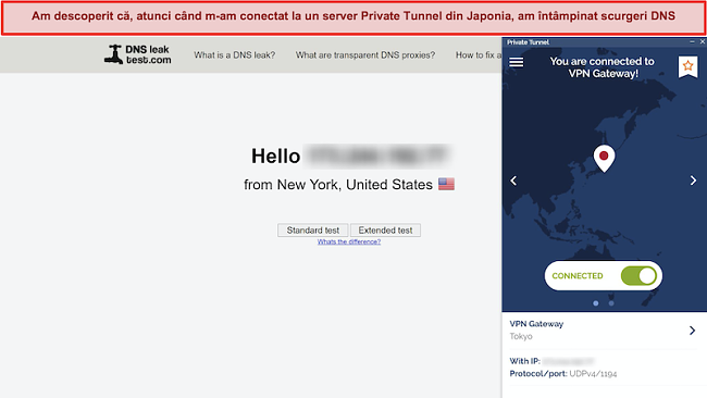 Captură de ecran a DNSleaktest.com care arată o conexiune din New York, în ciuda faptului că a fost conectat la un server din Japonia.