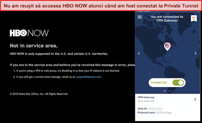 Captură de ecran a HBO ACUM care blochează o conexiune din tunelul privat