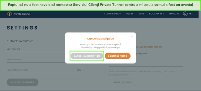 Captură de ecran a procesului de anulare a abonamentului Private Tunnel.