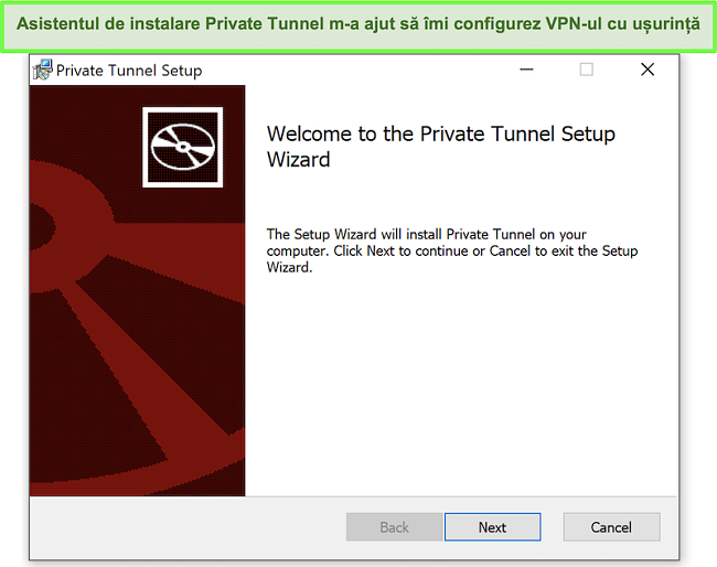 Captură de ecran a expertului de instalare al Tunelului privat.