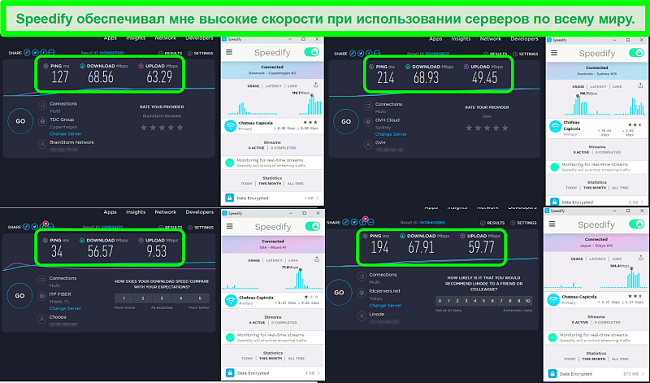 Снимок экрана тестов скорости при подключении Speedify к серверам в Дании, Австралии, США и Японии.