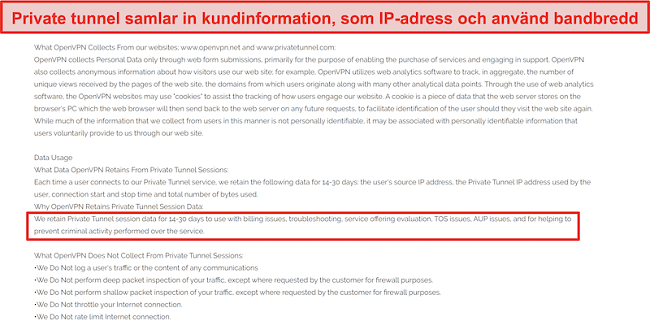 Skärmdump av Private Tunnels policy för datainsamling, lagring och användning.