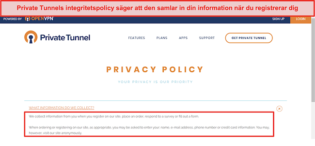 Skärmdump av Private Tunnels integritetspolicy