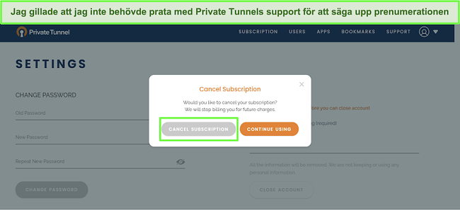 Skärmdump av avbokningsprocessen för Private Tunnel.