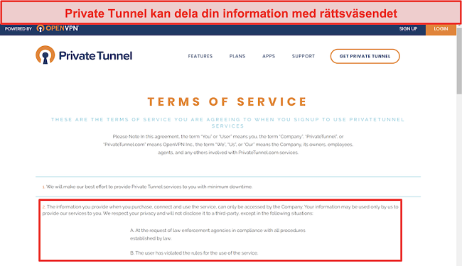 Skärmdump av Private Tunnels användarvillkor