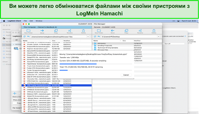 Знімок екрана, на якому LogMeIn Hamachi використовується для обміну файлами між моїми пристроями Mac і Windows