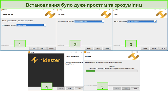 Знімки екрану процесу встановлення Hidester