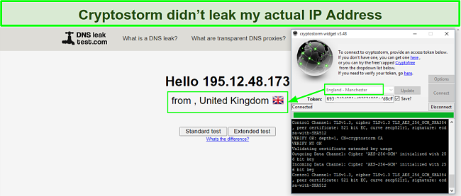 Screenshot showing that cryptostorm protects my IP address from leaks