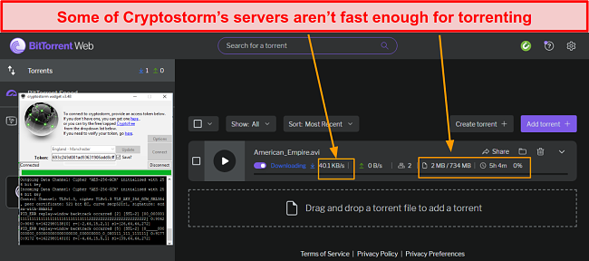 Screenshot of CryptoStorm torrenting safely with a server in England