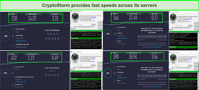 Screenshot of Cryptostorm speed tests using the Washington, Barcelona, South Korea and Manchester Servers.