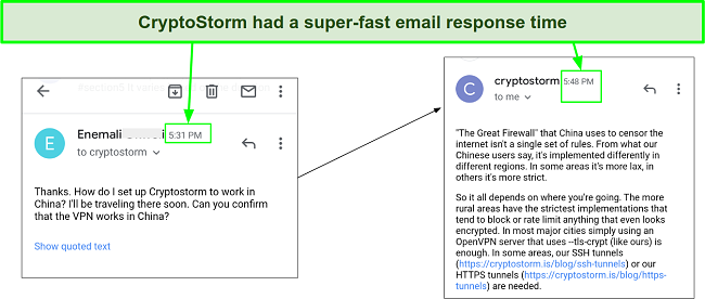 Screenshot showing CrypytoStorm's short email response