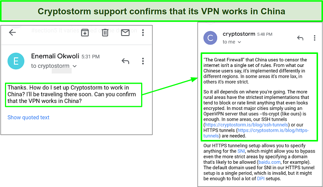 Screenshot of CryptoStorm email support informing me that CryptoStorm works in some parts of China