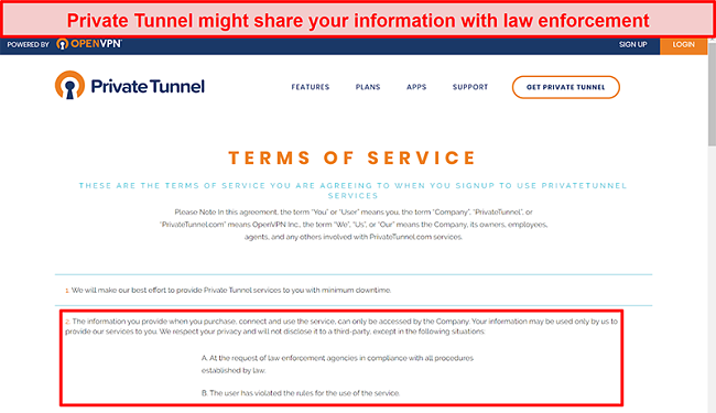 Screenshot of Private Tunnel's Terms of Service