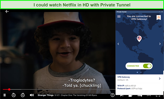 Screenshot of Netflix playing Stranger Things while connected to VA server