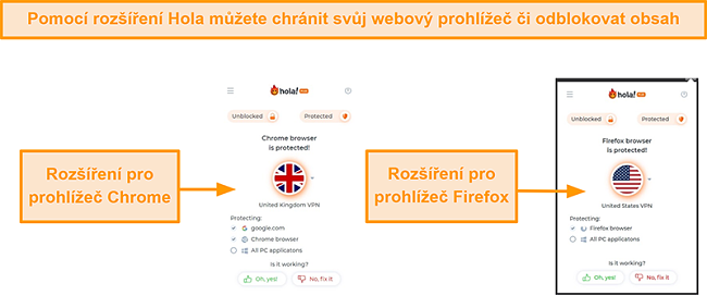 Screenshot z rozšíření prohlížeče Hola VPN pro Chrome a Firefox