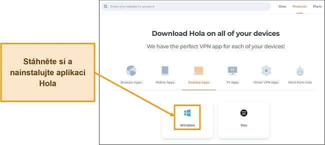 Snímek obrazovky sekce stahování aplikací na webu Hola VPN