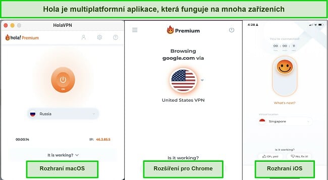 Snímek obrazovky rozhraní Hola VPN na kompatibilních zařízeních