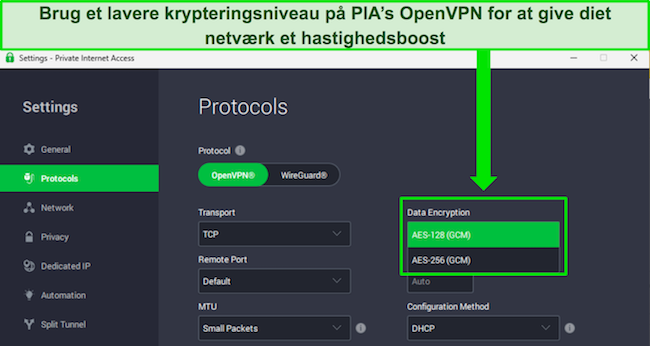 Billede af PIAs Windows-app, der viser de brugerdefinerbare funktioner, der kan give et netværkshastighedsboost