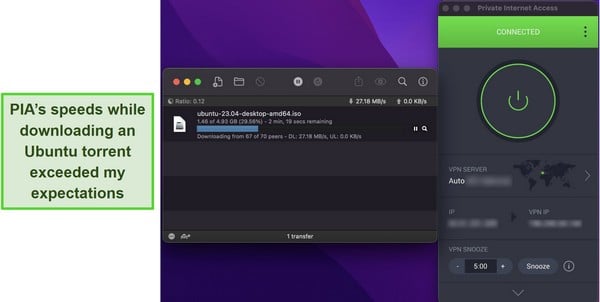 Screenshot of PIA VPN connected to a European VPN server while downloading an Ubuntu torrent.