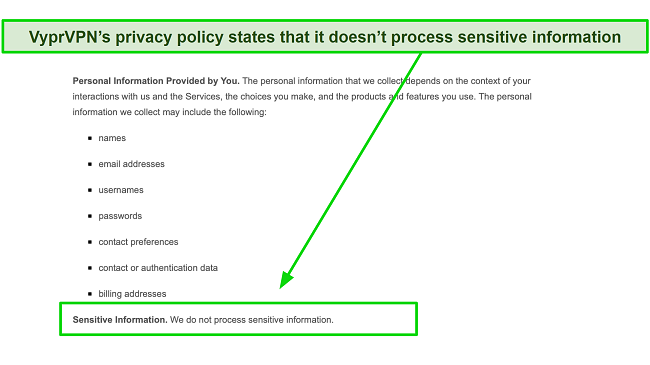 Screenshot of VyprVPN privacy policy stating it does not store user info