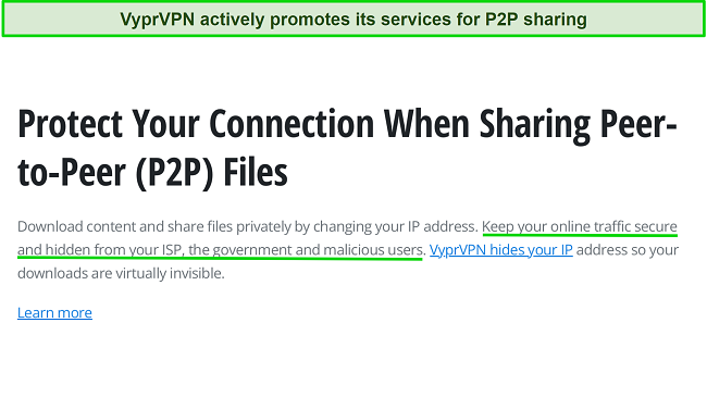 Screenshot from VyprVPN website showing it can be used to torrent safely