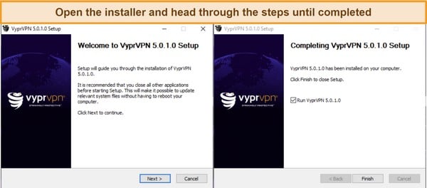 Screenshot of VyprVPN's Windows installer screens.