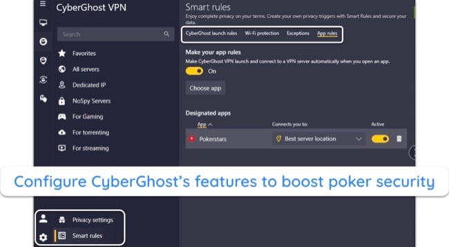 screenshot of CyberGhost's Windows app, highlighting its customizable features like App Rules.