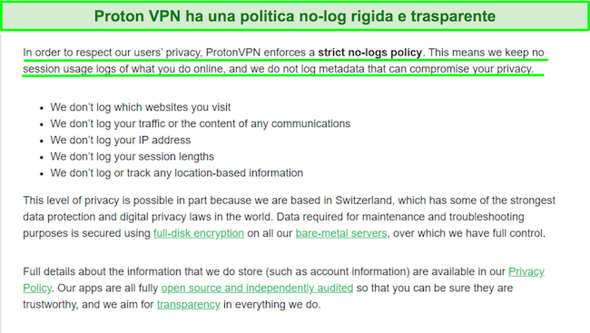 Screenshot di un'informativa sulla privacy di Proton VPN sulle sue pratiche di registrazione