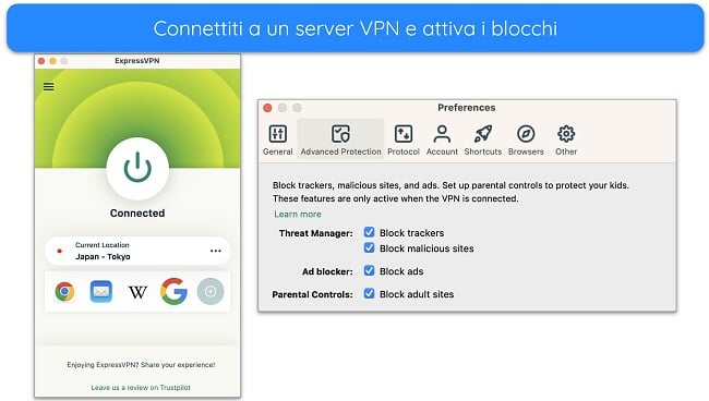 Screenshot di ExpressVPN connesso a un server e le sue opzioni di blocco della protezione avanzata