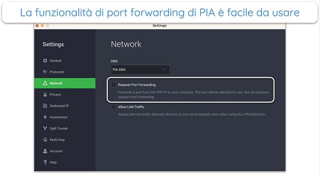 Screenshot della funzionalità di port forwarding di PIA sulla sua app