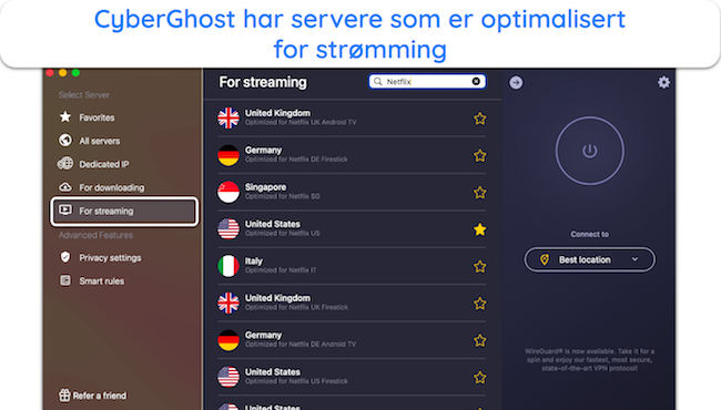 Skjermbilde av CyberGhosts optimaliserte servere for Netflix