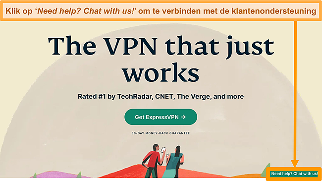 Screenshot van de ExpressVPN-startpagina met de 24/7 Live Chat-knop op het bureaublad.