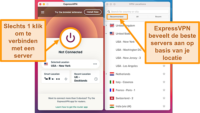 Screenshot van ExpressVPN App en Serverlijst op Desktop.