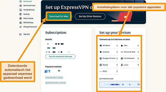 Screenshot van ExpressVPN Download voor Mac Knop- en apparaatconfiguratiehandleidingen.