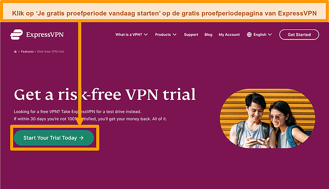 Screenshot van ExpressVPN gratis proefpagina op desktop.