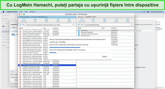 Captură de ecran cu LogMeIn Hamachi folosit pentru a partaja fișiere între dispozitivele mele Mac și Windows