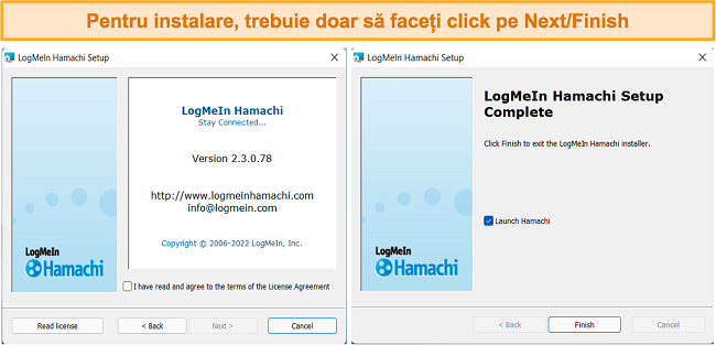 Captură de ecran a procesului de instalare pentru LogMeIn Hamachi