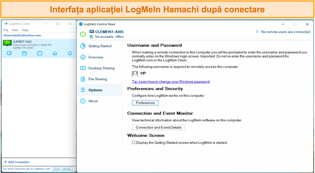 Captură de ecran a interfeței cu utilizatorul LogMeIn Hamachi