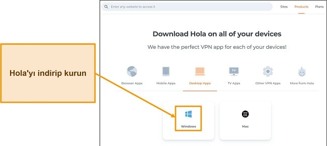 Hola VPN web sitesinin uygulama indirme bölümünün ekran görüntüsü