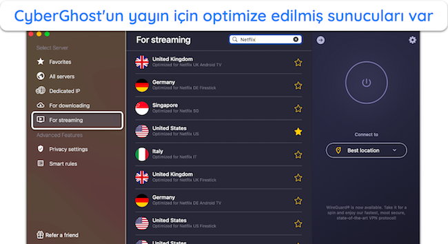 CyberGhost'un Netflix için optimize edilmiş sunucularının ekran görüntüsü