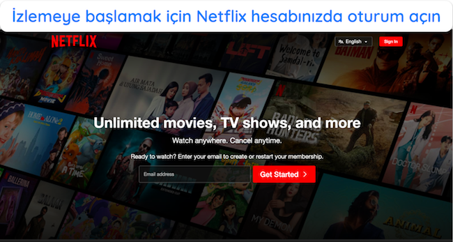 Netflix'in oturum açma sayfasının ekran görüntüsü