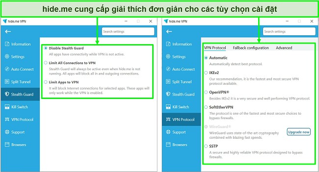 Ảnh chụp màn hình cài đặt của hide.me