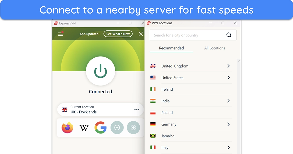 Screenshot showing ExpressVPN connected to a nearby server