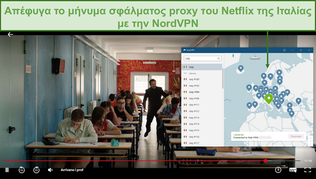 Screenshot of NordVPN unblocking Netflix Italy while playing Arrivano i Prof