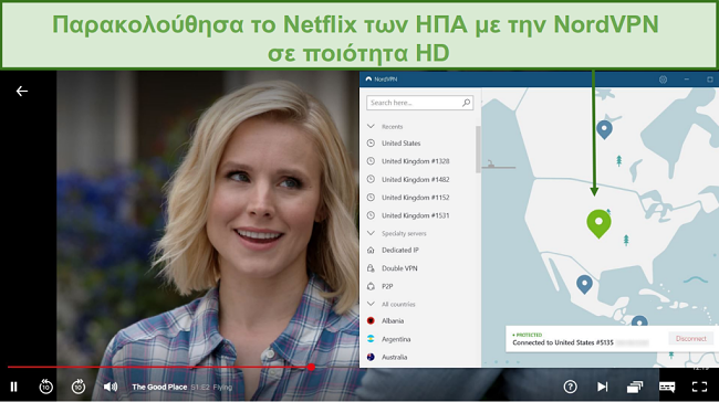 Στιγμιότυπο οθόνης της ροής The Good Place στο Netflix με το NordVPN συνδεδεμένο σε διακομιστή των ΗΠΑ