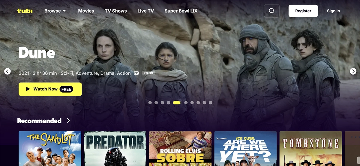 Screenshot of Tubi TV's website home page